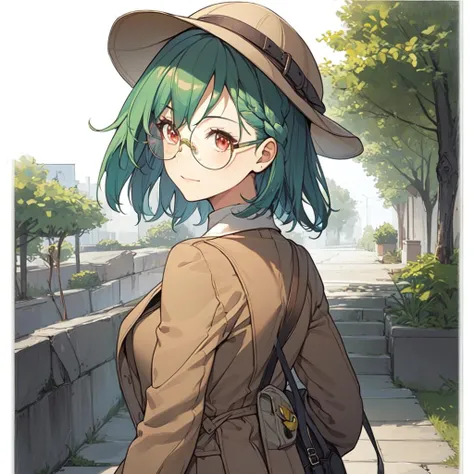 masterpiece, best quality, 1girl,looking back, fenen, hat, glasses, coat, sweater,green hair,