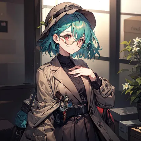 masterpiece, best quality, 1girl, fenen, hat, glasses, coat, sweater, hand on another's chest,