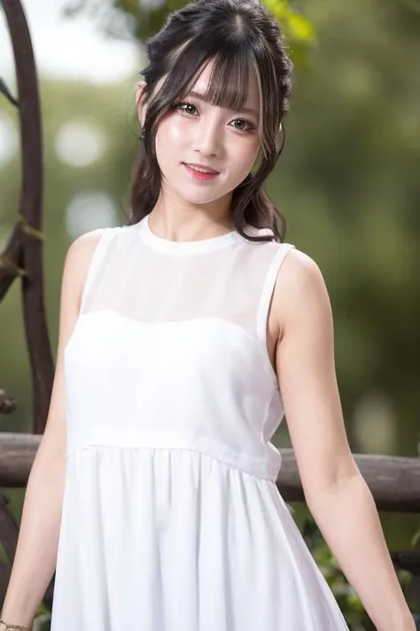 1girl, (wearing a white sleeveless dress:1.8),(RAW photo, best quality), (realistic, photo-realistic:1.4), masterpiece, an extremely delicate and beautiful, extremely detailed, 2k wallpaper, Amazing, finely detail, extremely detailed CG unity 8k wallpaper, ultra-detailed, highres, soft light, beautiful detailed girl, extremely detailed eyes and face, beautiful detailed nose, beautiful detailed eyes,cinematic lighting,(in the park:1.8),perfect anatomy,slender body,(smile:1.4),(young girl:1.8),(close up:1.6),(look at viewer:1.4),(front view:2.0),cinematic angle,(wavy hair:1.2),(standing:1.8),(cleavage:0.8),   <lora:kawaguchirina_lora-01:0.8>