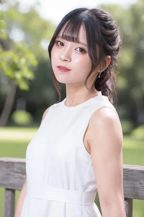 1girl, (wearing a white sleeveless dress:1.8),(RAW photo, best quality), (realistic, photo-realistic:1.4), masterpiece, an extremely delicate and beautiful, extremely detailed, 2k wallpaper, Amazing, finely detail, extremely detailed CG unity 8k wallpaper, ultra-detailed, highres, soft light, beautiful detailed girl, extremely detailed eyes and face, beautiful detailed nose, beautiful detailed eyes,cinematic lighting,(in the park:1.8),perfect anatomy,slender body,(smile:1.4),(young girl:1.8),(close up:1.6),(look at viewer:1.4),(front view:2.0),cinematic angle,(wavy hair:1.2),(standing:1.8),(cleavage:0.8), <lora:kawaguchirina_lora-01:0.8>