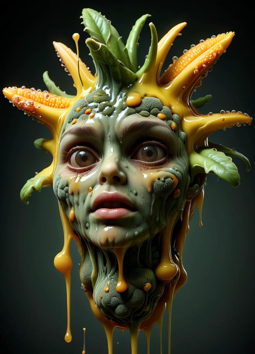 a human fruit clothed with mold and syrup, 3 d render, photo realistic, highly detailed. high quality, sharp focus, volumetric lighting, dramatic lighting, trending on artstation, octane render, <lora:ral-mold-sdxl:0.4> ral-mold <lora:ral-melting-sdxl:0.44> ral-melting, subsurface scattering, ultra hd, 4k, high def, Photorealistic, Hyperrealistic, Hyper detailed, analog style, realistic, masterpiece, best quality, ultra realistic, 8k, Intricate, High Detail, film photography, soft lighting, heavy shadow