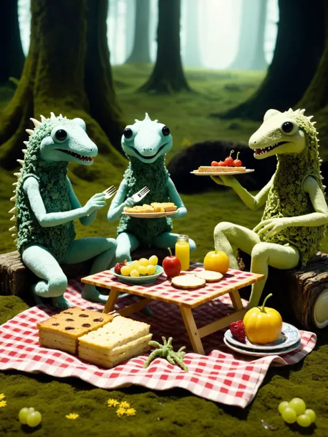 ral-mold, An imaginative stop-motion style scene of mold creatures having a picnic, with food, utensils, and picnic blanket all in mold <ral-mold-sdxl:0.6>, dynamic, cinematic, masterpiece, intricate, hdr.