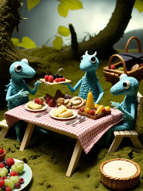 ral-mold, An imaginative stop-motion style scene of mold creatures having a picnic, with food, utensils, and picnic blanket all in mold <ral-mold-sdxl:1>, dynamic, cinematic, masterpiece, intricate, hdr.