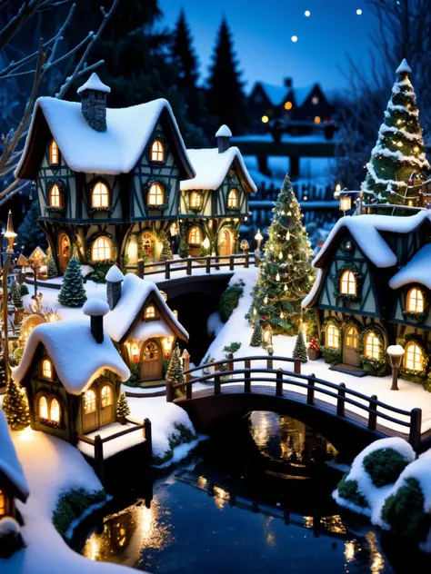ral-mold, A whimsical scene of a mold-covered fairy village at night, with tiny houses and shops with ethereal lights and Christmas decorations, bridges, and gardens all intricately detailed in mold textures, with a light covering of snow, <ral-mold-sdxl:0.5>, dynamic, cinematic, masterpiece, intricate, hdr, darkness,
