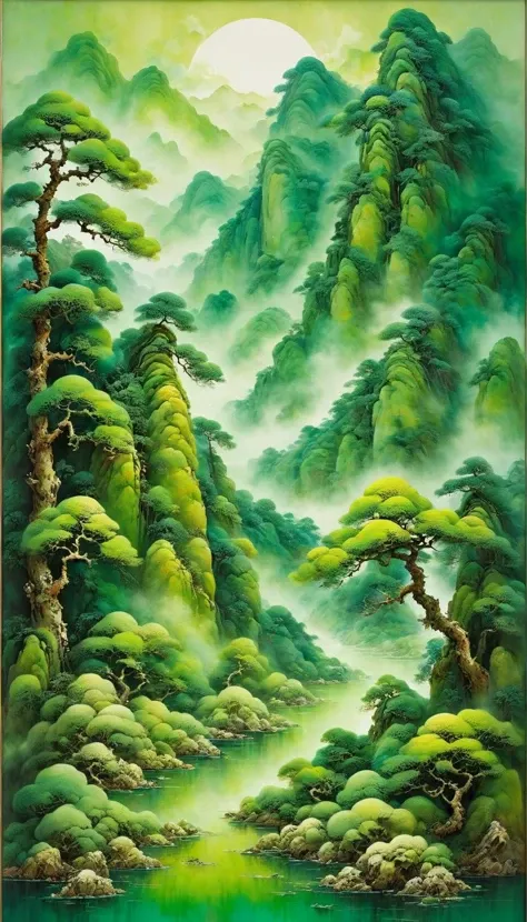 Chinese landscape painting,inspired by Wang Ximeng's landscape painting works Thousand Miles of Rivers and Mountains,
ral-mold,<lora:ral-mold:0.8>,Abstract,deconstructive,made up of mold colonies,is colorful and full of life,
the inscription says ((("XUNYINZHEBUYU-TANG-JIADAO"))),
Use mineral lime and lime green to color,so that the mountain stone appears thick and green,the picture is hearty,rich,and the color is strong and brilliant,
Asked the young schoolboy under the verdant pine tree,he said that his master had gone to the mountain to collect medicine. He only knew that it was in this big mountain,but the clouds in the mountain did not know his whereabouts.,