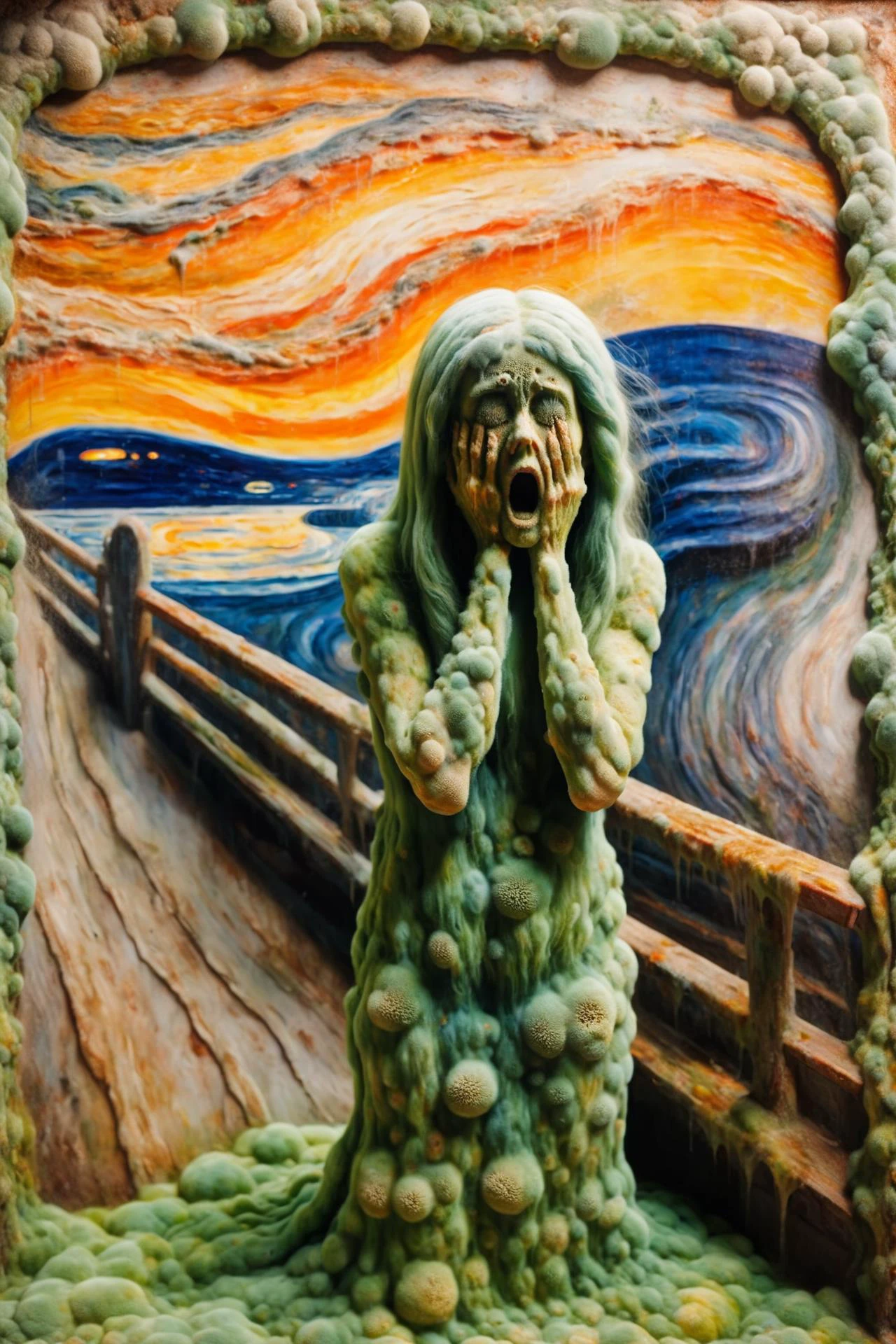 ral-mold, painting of woman covered in mold, background of the scream<lora:ral-mold:1> <lora:FF-Style-Edvard-Munch-vpred:1> style of Edvard Munch, Edvard Munch, Edvard Munch style, (masterpiece:1.2), best quality, colorful, (intricate details, hyperdetailed, highest detailed:1.2), high resolution textures