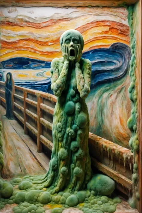 ral-mold, painting of woman covered in mold, background of the scream<lora:ral-mold:1>  <lora:FF-Style-Edvard-Munch-vpred:1> style of Edvard Munch, Edvard Munch, Edvard Munch style, (masterpiece:1.2), best quality,  colorful, (intricate details, hyperdetailed, highest detailed:1.2), high resolution textures