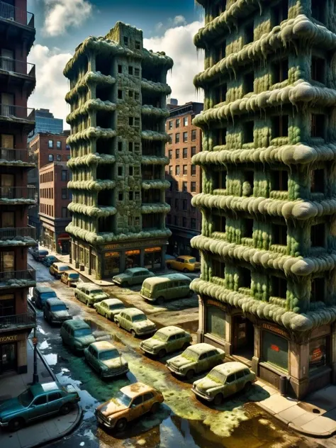 ral-mold, An unusual depiction of a bustling cityscape where the buildings, cars, and streets are artistically transformed into mold structures <lora:ral-mold-sdxl:0.6>, dynamic, cinematic, masterpiece, intricate, hdr, <lora:EnvyBetterHiresFixXL01:0:hr=1>