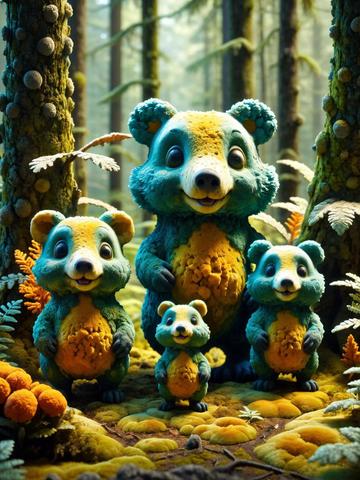 ral-mold, A playful animation-style depiction of a family of moldy animals in a forest, with vibrant colors and engaging mold textures <lora:ral-mold-sdxl:0.5>, dynamic, cinematic, masterpiece, intricate, hdr, <lora:EnvyBetterHiresFixXL01:0:hr=1>