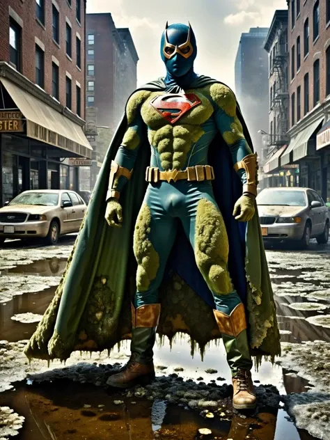 ral-mold, A humorous image of a moldy superhero, complete with a cape and mask, striking a heroic pose in a fungus-infested city <lora:ral-mold-sdxl:0.4>, dynamic, cinematic, masterpiece, intricate, hdr, <lora:EnvyBetterHiresFixXL01:0:hr=1>