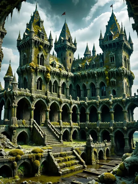 ral-mold, A mold-inspired fantasy battlefield, with warriors, dragons, and castles all made in an artistic, moldy aesthetic <lora:ral-mold-sdxl:0.6>, dynamic, cinematic, masterpiece, intricate,gothic, hdr <lora:dark_fantasy_art:0.7>, <lora:EnvyBetterHiresFixXL01:0:hr=1>