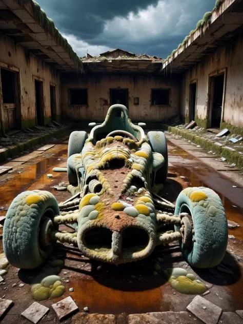 A Formula 1 (F1) race car with empty cockpit (empty driver's seat) made entirely from ral-mold, parked outside on an abandoned track covered with litter, rusted buildings, rusted metal, a dark and brooding sky above giving an eerie scattered light, dramatic lighting <lora:ral-mold-sdxl:1>, elegant, dynamic, cinematic, HDR, shot with a Sony A7R IV for a crisp, detailed finish, <lora:EnvyBetterHiresFixXL01:0:hr=1>