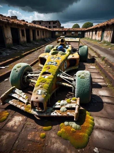 An empty F1 Formula 1 race car made entirely from ral-mold, parked outside on an abandoned track covered with litter, rusted buildings, rusted metal, a dark and brooding sky above giving an eerie scattered light, dramatic lighting <lora:ral-mold-sdxl:1>, elegant, dynamic, cinematic, high contrast, HDR, shot with a Sony A7R IV for a crisp, detailed finish, <lora:EnvyBetterHiresFixXL01:0:hr=1>