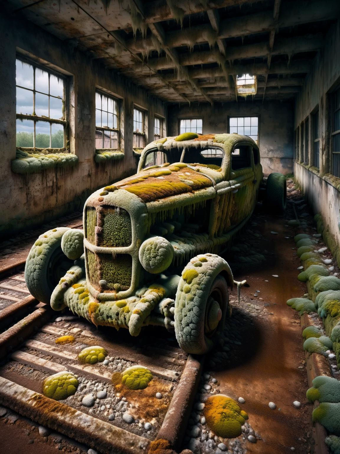 ral-mold, an F1 race car made entirely from ral-mold, parked on an abandoned track covered with litter, rusted buildings, rusted metal, a dark and brooding sky above giving an eerie scattered light <lora:ral-mold-sdxl:1>, elegant, dynamic, cinematic, HDR, shot with a Sony A7R IV for a crisp, detailed finish, <lora:EnvyBetterHiresFixXL01:0:hr=1>