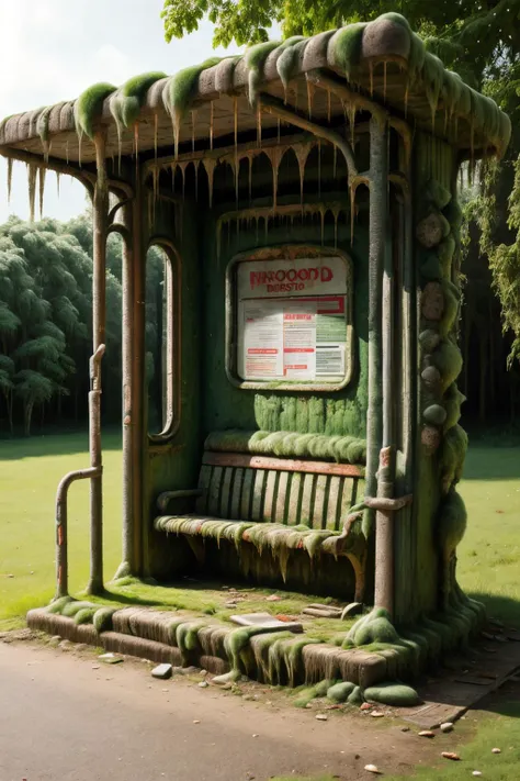 destroyed bus stop in the wood,  <lora:ral-mold:1> RAL-MOLD