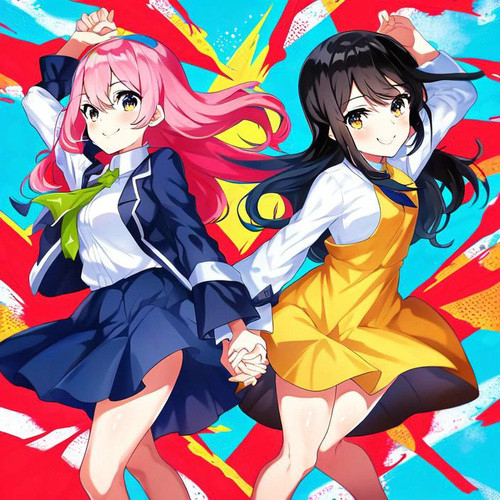 by mika pikazo, bright eyes, 2girls, ,hype, flat, skirt, dress shirt, long hair, masterpiece, holding hands, absurdres, framing, sleeves, legs, smile