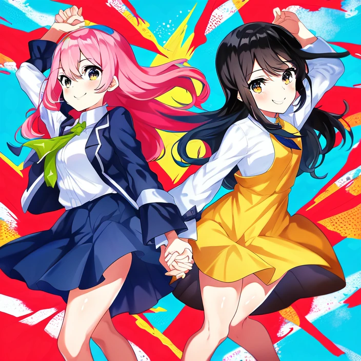 by mika pikazo, bright eyes, 2girls, ,hype, flat, skirt, dress shirt, long hair, masterpiece, holding hands, absurdres, framing, sleeves, legs, smile