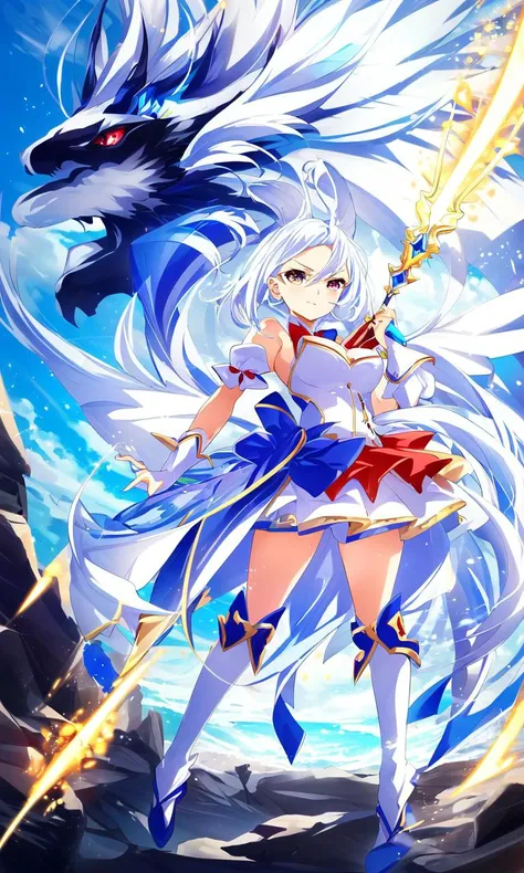 by mika pikazo, portrait, long hair, white hair, golden eyes, 1girl, head, face, magical girl, absurdres, masterpiece, best quality, ((magical girl costume)), ((mahou shoujo)), short hair, desolation, ruins, dynamic pose, apocalypse, spellcasting, (full body shot), detailed background, large breasts, studio quality, 8k, (photorealistic), ((detailed))