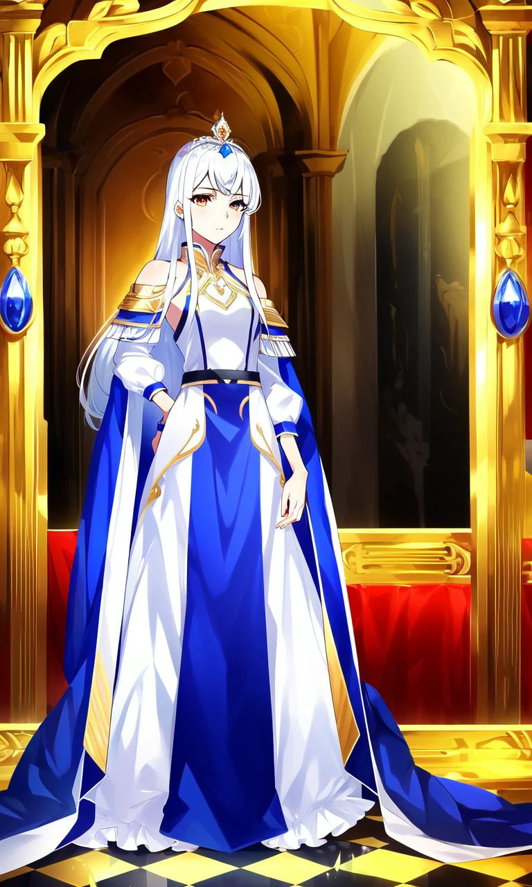 by mika pikazo, long hair, white hair, golden eyes, 1girl, head, face, portrait, princess, absurdres, masterpiece, best quality, long dress, gown, cape, (castle background), intricate, elegant, crown, diadem, royal, flat, full body