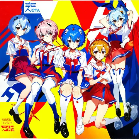 by mika pikazo, 5girls, ((Ayanami Rei)), clone, neon genesis evangelion, flat, masterpiece, absurdres, full body, tokyo-3 uniform,
