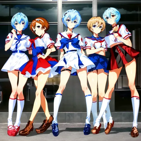 by mika pikazo, 5girls, ((Ayanami Rei)), clone, neon genesis evangelion, flat, masterpiece, absurdres, full body, tokyo-3 uniform,