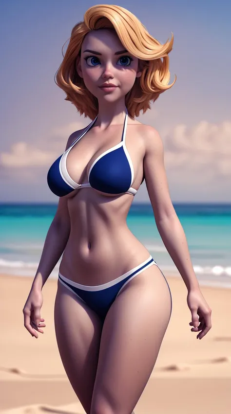 high detailed, masterpiece <lora:F4k33D-02:1> 1girl cartoon character in bikini, blonde hair, perfect hands, big breast, wide hips, thick thighs, ultra realistic digital art, a 3D render, photorealism, beach scene