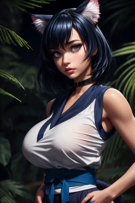 (ultra realistic,32k,RAW photo:1.1),(high detailed skin:1.1), 8k uhd, dslr, high quality, film grain, (makeup, mascara:1.1), lips,(thick\lips\),
(shiny glossy translucent clothing:1.1), <lora:miria-nvwls-v1:0.7>miria, cat ears, purple shirt, sleeveless, sash, purple pants, cat tail, dark navy blue hair, <lora:add_detail:0.81>, huge breast, (upper body:1.2),
Standing with hands in pockets,
(busty:1.1) , (chubby:0.1),(refraction:1.2), <lora:LowRA:0.4>, dark theme A place full of sand scattered with dry branches and very arid