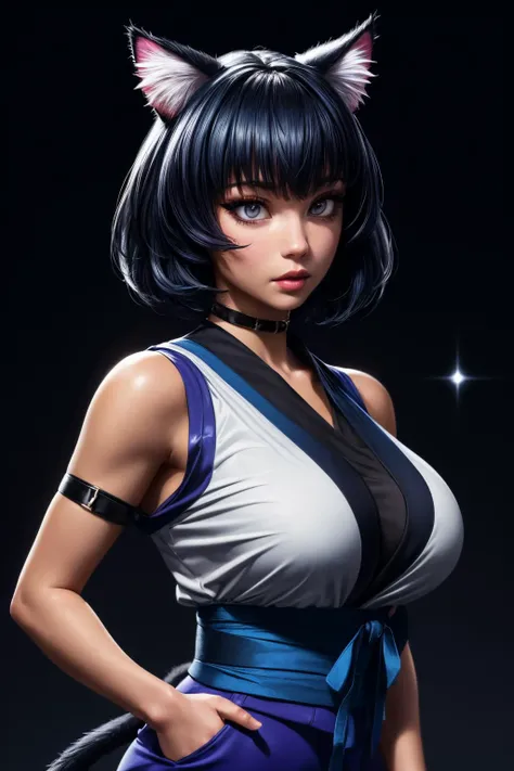 (ultra realistic,32k,RAW photo:1.1),(high detailed skin:1.1), 8k uhd, dslr, high quality, film grain, (makeup, mascara:1.1), lips,(thick\lips\),
(shiny glossy translucent clothing:1.1), <lora:miria-nvwls-v1:0.7>miria, cat ears, purple shirt, sleeveless, sash, purple pants, cat tail, dark navy blue hair, <lora:add_detail:0.96>, huge breast, (upper body:1.2),
Standing with hands in pockets,
(busty:1.1) , (chubby:0.1),(tenebrism:1.2), <lora:LowRA:0.4>, dark theme starfire nexus, celestial convergence, radiant energies, nexus of cosmic power