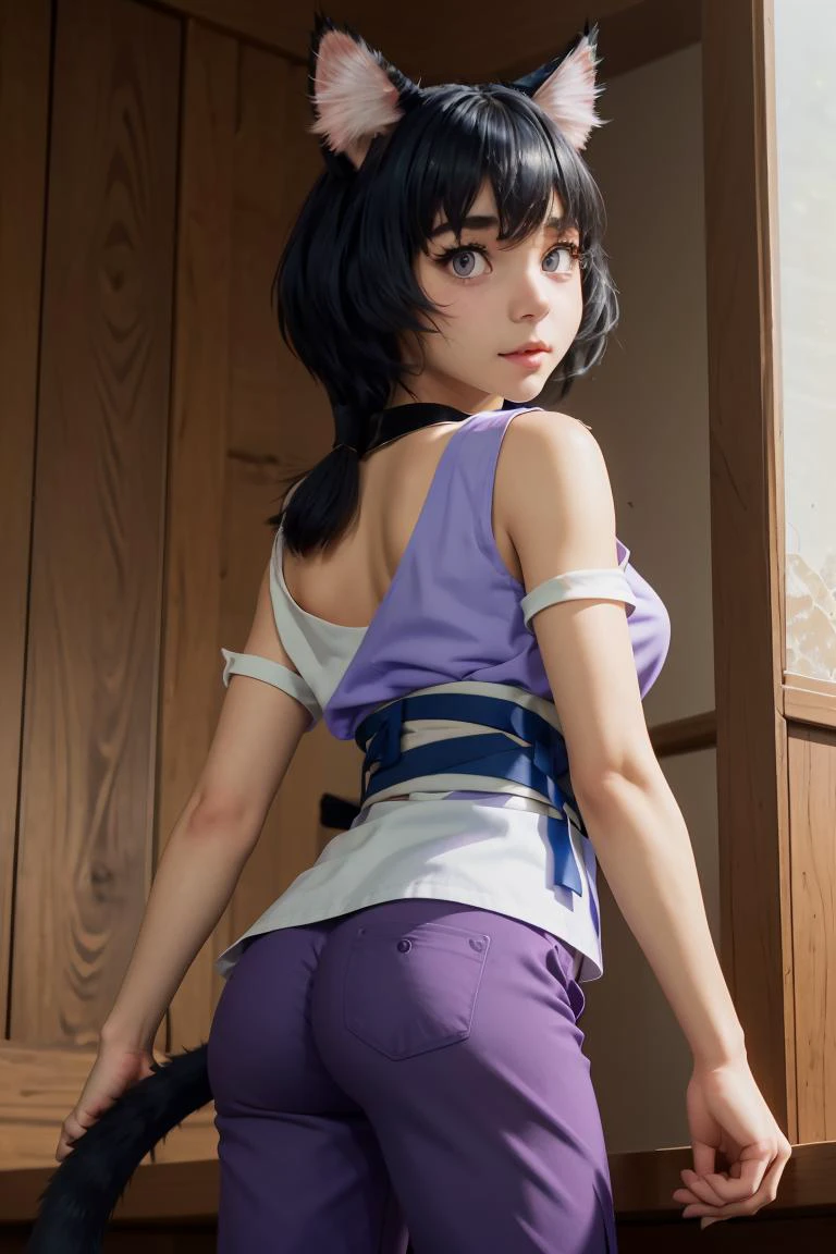 (masterpiece, best quality), 1girl, <lora:miria-nvwls-v1:1> miria, cat ears, purple shirt, sleeveless, sash, purple pants, cat tail