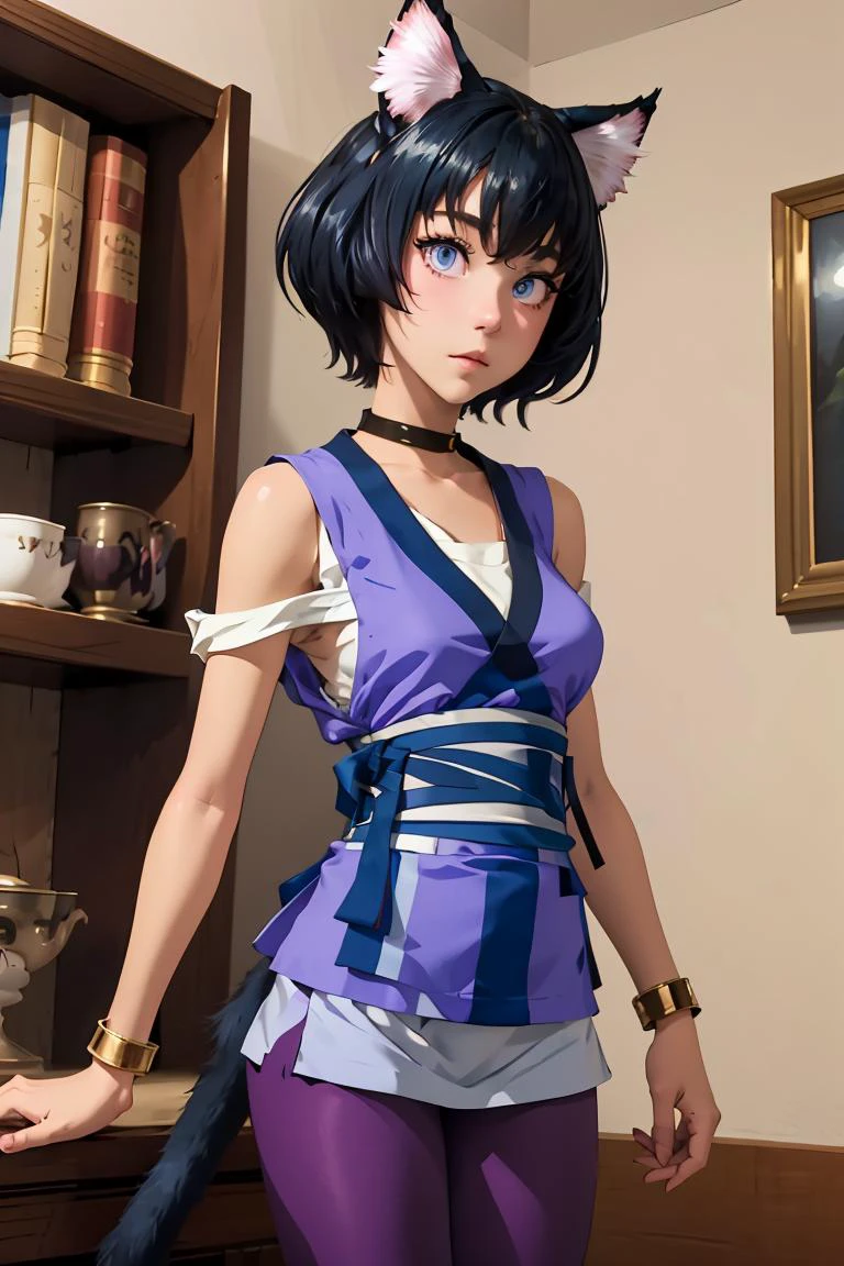 (masterpiece, best quality), 1girl, <lora:miria-nvwls-v1:1> miria, cat ears, purple shirt, sleeveless, sash, purple pants, cat tail