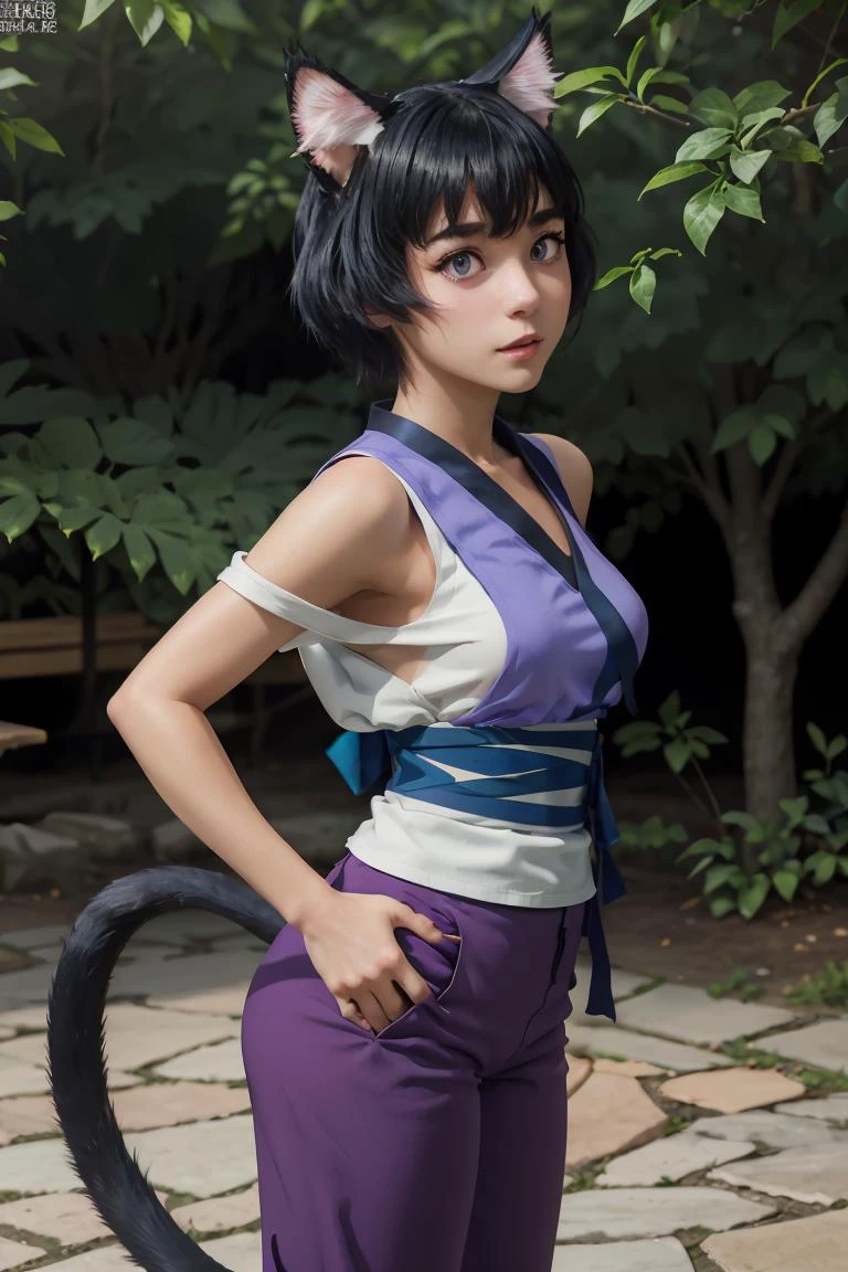 (masterpiece, best quality), 1girl, <lora:miria-nvwls-v1:1> miria, cat ears, purple shirt, sleeveless, sash, purple pants, cat tail
