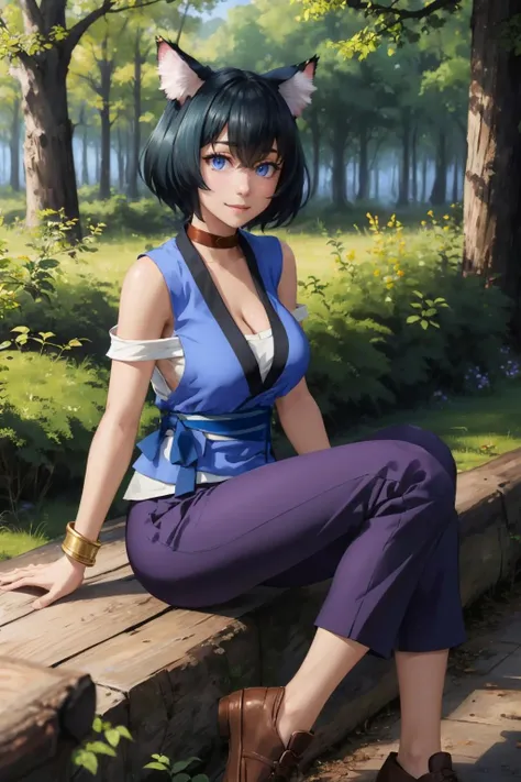 masterpiece, best quality, <lora:miria-nvwls-v1-000008:1> miria, cat ears, short hair, cleavage, purple shirt, sleeveless, sash, bracelet, purple pants, cat tail, large breasts, sitting, brown shoes, smile, looking at viewer, forest, log