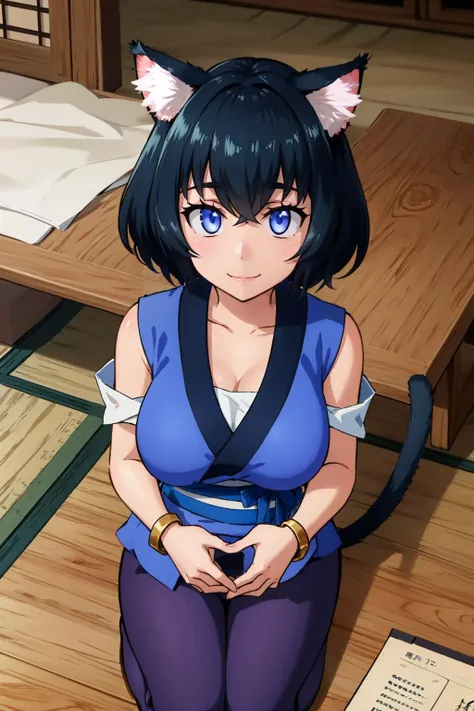 masterpiece, best quality,   <lora:miria-nvwls-v1-000008:1> miria, cat ears, short hair, cleavage, purple shirt, sleeveless, sash, bracelet, purple pants, cat tail, large breasts, seiza, indoors, japanese architecture, from above, smile