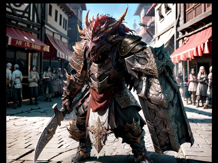 highly detailed documentary photo of a (dragonkin:1.1) walking outside, dragonkin, solo, red eyes, holding, weapon, horns, sword, holding weapon, armor, blood, holding sword, shoulder armor, gauntlets, pauldrons, full armor, facing viewer, looking at viewer, realistic:1.3, depth of field, blurry, blurry background, on a mountainside slope with boulders and rocks around, photorealistic, ultra photoreal, 32k, fantasy,