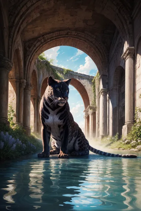 (art by Magali Villeneuve:0.8) ,art by Dan Mumford, 8k Oil painting, Strange Daring Panther, inside of a Aqueduct, Azure flowers, Post-Impressionism, absurdres, high quality, <lora:add_detail:0.8>