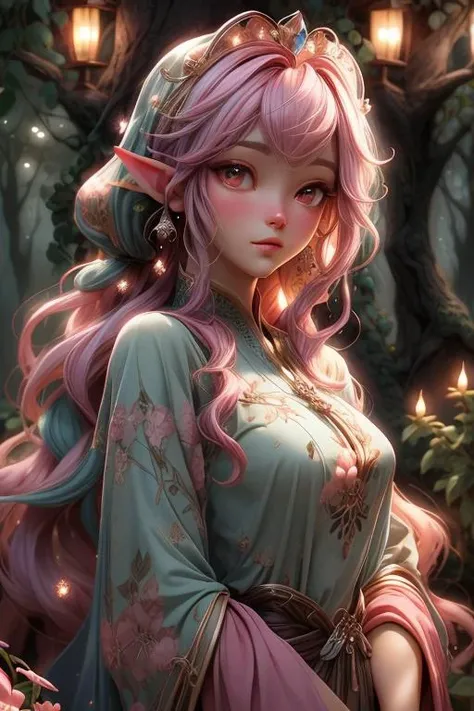 Beautiful female, arabian clothing, pink hair, style-sylvamagic Majestic, detailed, Illustration, medium shot, (Dark Elf Empress), regal, mysterious, forest guardian, enchanted trees, mushrooms, twinkling fairy lights, misty veils, two tone lighting, ambient light, romantic, Celts, Arthurian legends, fey realm, ethereal, pastels (rim lighting,:1.1) two tone lighting, <lora:epiNoiseoffset_v2:0.8>, 3DMM <lora:3DMM_V7:0.5>, OC <lora:OC:0.6>, add_detail <lora:add_detail:0.8>
