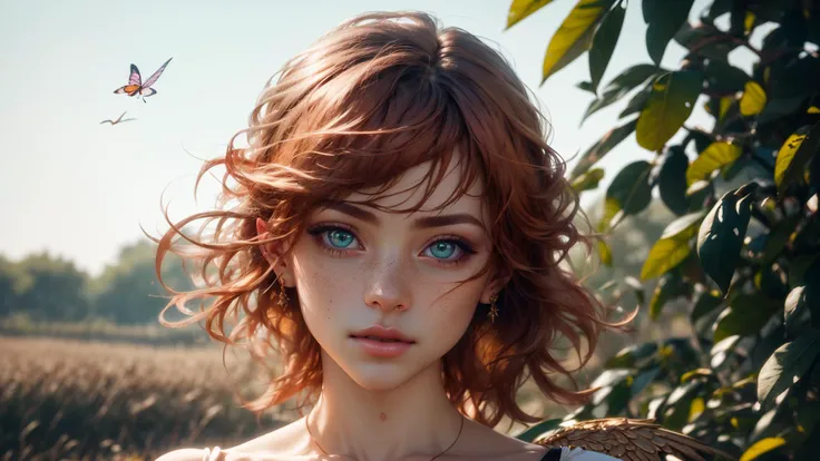 ( stunning beautiful  ginger pur Angel young faune girl:1.3), [little_freckles],  ultra detailed deep green eyes, natural perfect skin, highlight messy ginger hair, Pink cheeks, butterflies,flowers in the hair, summer white elfic dress, evening golden summer sun, Fields of golden wheat, ,  cinematic lighting, (volumetric lighting), extremely detailed CG unity 8k wallpaper, focused, 8k wallpaper, 4k wallpaper, extremely detailed, ultra realistic, photorealistic, sharp focus, HDR, (high contrast), photograph, detailed and intricate, instagram, portrait, highly detailed, sharp focus, illustration, cinematic lighting ),  full body  color portrait, bokeh, natural lighting, canon lens, shot on dslr, ultra quality, sharp focus, tack sharp, dof, film grain, Fujifilm XT3, crystal clear, 8K UHD, highly detailed glossy eyes, high detailed skin, skin pores, 64 megapixels ,<lora:NijiExpressV2:0.4> , <lora:add_detail:0.5>, <lora:FF14CharArt:0.5>,