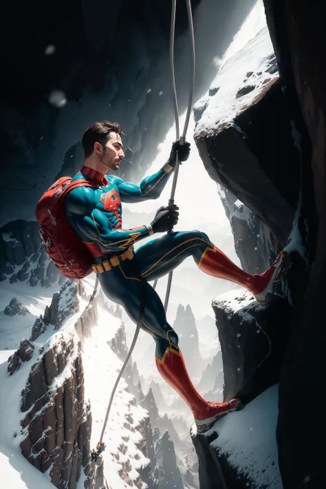 (full body shot:1.2), (masterpiece, best quality:1.2), (DC Comics:1.1), (style of Petros Afshar:1.1), 1 man climbing a mountain, back bag, robes, sharp focus, thick lines, cloudy sky, snow, mountain cliff, morning, sunlight, highly realistic, <lora:epiNoiseoffset_v2:0.5>, <lora:add_detail:-0.5>