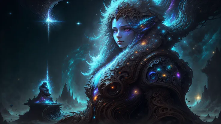<lora:style-BaroqueAI:0.6> <lora:style-kVoidEnergy-v1:1> breathtaking masterpiece, best quality, highest quality, highly detailed, exquisite, award winning 8K digital painting of an ethereal and (incredibly beautiful female alien:1.4) with luminescent body parts that shimmer like stardust (lying gracefully on a steep cliff:1.2), casting a watchful gaze over (the galaxy:1.33), (a fluffy creature rests on her shoulder:1.8), intricate details, golden ratio, BaroqueAI, v0id3nergy, by Louis Royo