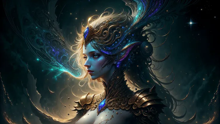 Eldritch, Harsh ancient gods in the night storm, Cloaked in a starry sky, [[Sophia Anne Caruso]], [zendaya], Translucent ivory prosthetic Eldridge horror, Erotic pose, Cinematic lighting, (By (Daniel Mernagh) (Carne Griffiths) Monika Nowak), Highly detailed, Detailed face, Soft body, Alien, Close-up of a goddess with a crown on her head, goddes, The upper part of the body，sideface, a stunning portrait of a goddess, Fantasy art Behance, goddes, Extremely high detail, Trending ArtStation, Deviantart ArtStation CGSCOSIETY, extremely detailed goddess shot, trending on artstation 4k, 3 d goddess portrait, hindu aesthetic, trends in art station