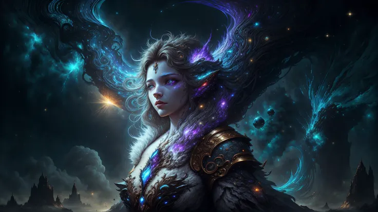 <lora:style-BaroqueAI:0.6> <lora:style-kVoidEnergy-v1:1> breathtaking masterpiece, best quality, highest quality, highly detailed, exquisite, award winning 8K digital painting of an ethereal and (incredibly beautiful female alien:1.4) with luminescent body parts that shimmer like stardust (lying gracefully on a steep cliff:1.2), casting a watchful gaze over (the galaxy:1.33), (a fluffy creature rests on her shoulder:1.8), intricate details, golden ratio, BaroqueAI, v0id3nergy, by Louis Royo