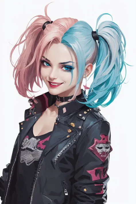 Harley Quinn, 1girl, smile, (evil:1.3) twintails, (blue+pink hair:1.3), (blue+pink+white color:1.3), (white background:1.2), (vector art:1.8), (punk style:1.5), (lineart:1.5), high quality, high detailed, cinematic light, dramatic light <lora:Harley:0.33>,