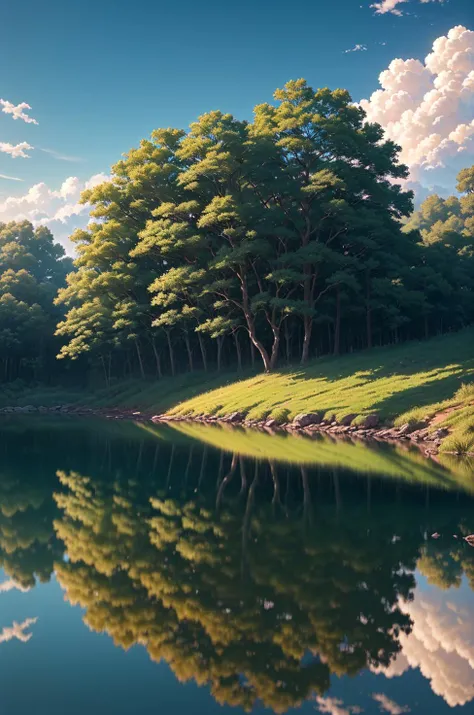 (masterpiece, best quality:1.1),scenery, landscape, asymmetrical, trail, forest, horizon, breeze, summer, noon, sunny, cloud, calm, fresh air, depth of field, makoto shinkai, dramatic lighting, highly detailled
