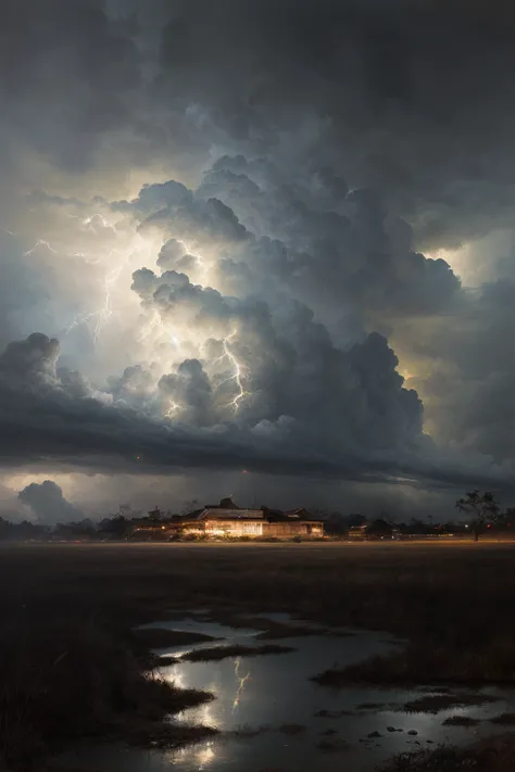 (art by Jeremy Mann:1.1) , hyper detailed, landscape of a Aggressive Misshapen Dental clinic, Panamanian field, Thunderstorm, Ultrarealistic, Frightening, Neo, absurdres, high quality,  <lora:add_detail:0.8>
