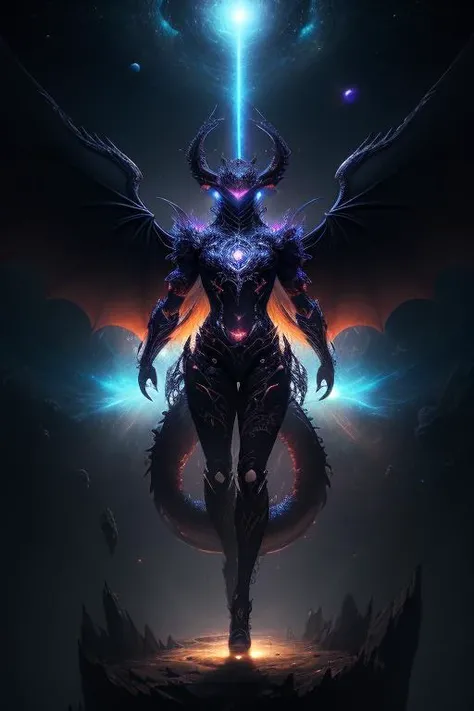 (cinematic),Epic Dramatic Celestial Devil,Full body shot,God,Powerful,(Three pairs of Enormous Dragon wings:1.3),Oversized wings,(Humanoid),Celestial Winged Warrior,Flying in the Space,Beautiful Body,Void Magic,Detailed,8k,trending on artstation,aesthetic,Anti-gravity,CG Wallpaper,(fractal art:1.3),(best quality:1.1),<lora:fractalized:0.2>,lens flare,<lora:Earth-000012:0.2>,Shielded by planets,Fractal_body,intricate,King of Shadows,(Glowing Effects),sharp focus,Cosmic entity,(Fractal_body),detailed,Demon_Theme,atmospheric,Ominous,Maligant, Dark Energy,Destroyer,analog,Looking at the viewer,Dof,Colorful Background