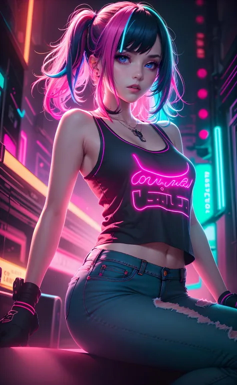 1 girl,hair,multi-colored hair,wear a stylish tank top in jeans,depth of field,expressiveness,faux pink,fluorescent green,(neon red background:1.2),light painting,beautiful glows,<lora:CyberPunkAI:0.5>,neon,game logo,dynamic girl,young and beautiful,