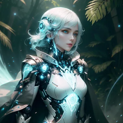 hologram of neotech woman wearing magic-fantasy-mech armor flowing cape, standing in a lush bio utopia,BiophyllTech,fcPortrait, detailed eyes <lora:magic-fantasy-mech-v1:0.6> <lora:NeoFuturisticTech-20:0.7> <lora:ng_deepnegative_v1_75t:0.6> <lora:detailed_eye-10:0.9> floating in space, a vibrant digital illustration, dribbble, quantum wavetracing, black background, behance hd