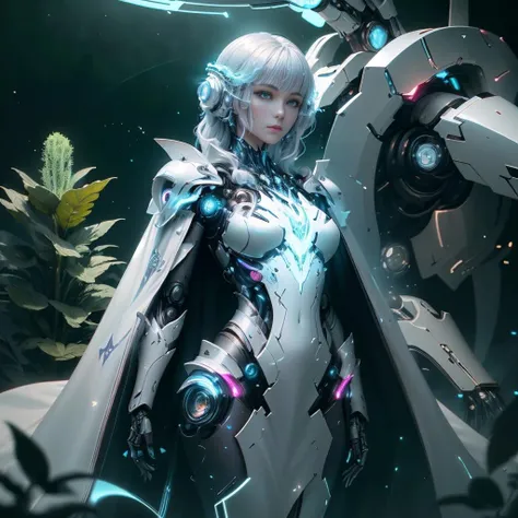 hologram of neotech woman wearing magic-fantasy-mech armor flowing cape, standing in a lush bio utopia,BiophyllTech,fcPortrait, detailed eyes <lora:magic-fantasy-mech-v1:0.6> <lora:NeoFuturisticTech-20:0.7> <lora:ng_deepnegative_v1_75t:0.6> <lora:detailed_eye-10:0.9> floating in space, a vibrant digital illustration, dribbble, quantum wavetracing, black background, behance hd