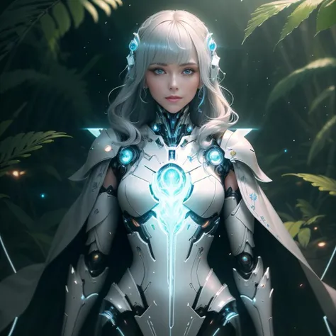 hologram of neotech woman wearing magic-fantasy-mech armor flowing cape, standing in a lush bio utopia,BiophyllTech,fcPortrait, detailed eyes <lora:magic-fantasy-mech-v1:0.6> <lora:NeoFuturisticTech-20:0.7> <lora:ng_deepnegative_v1_75t:0.6> <lora:detailed_eye-10:0.9> floating in space, a vibrant digital illustration, dribbble, quantum wavetracing, black background, behance hd