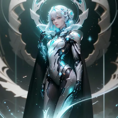 hologram of neotech woman wearing magic-fantasy-mech armor flowing cape, standing in a lush bio utopia,BiophyllTech,fcPortrait, detailed eyes <lora:magic-fantasy-mech-v1:0.6> <lora:NeoFuturisticTech-20:0.7> <lora:ng_deepnegative_v1_75t:0.6> <lora:detailed_eye-10:0.9> floating in space, a vibrant digital illustration, dribbble, quantum wavetracing, black background, behance hd